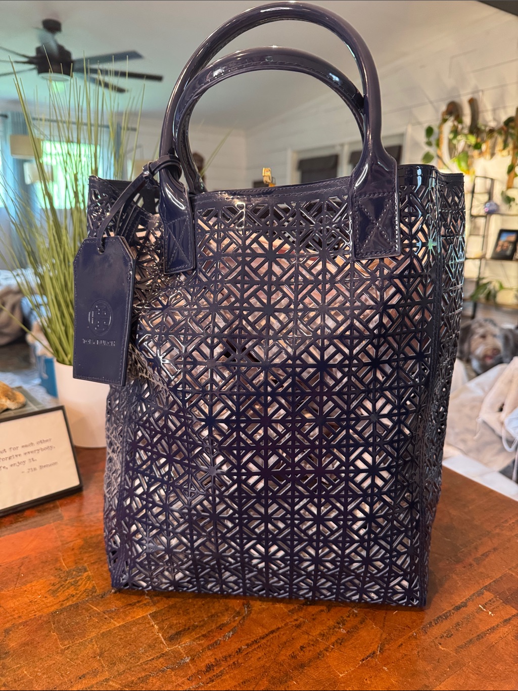 Tory Burch Navy Laser-Cut Patent Tote